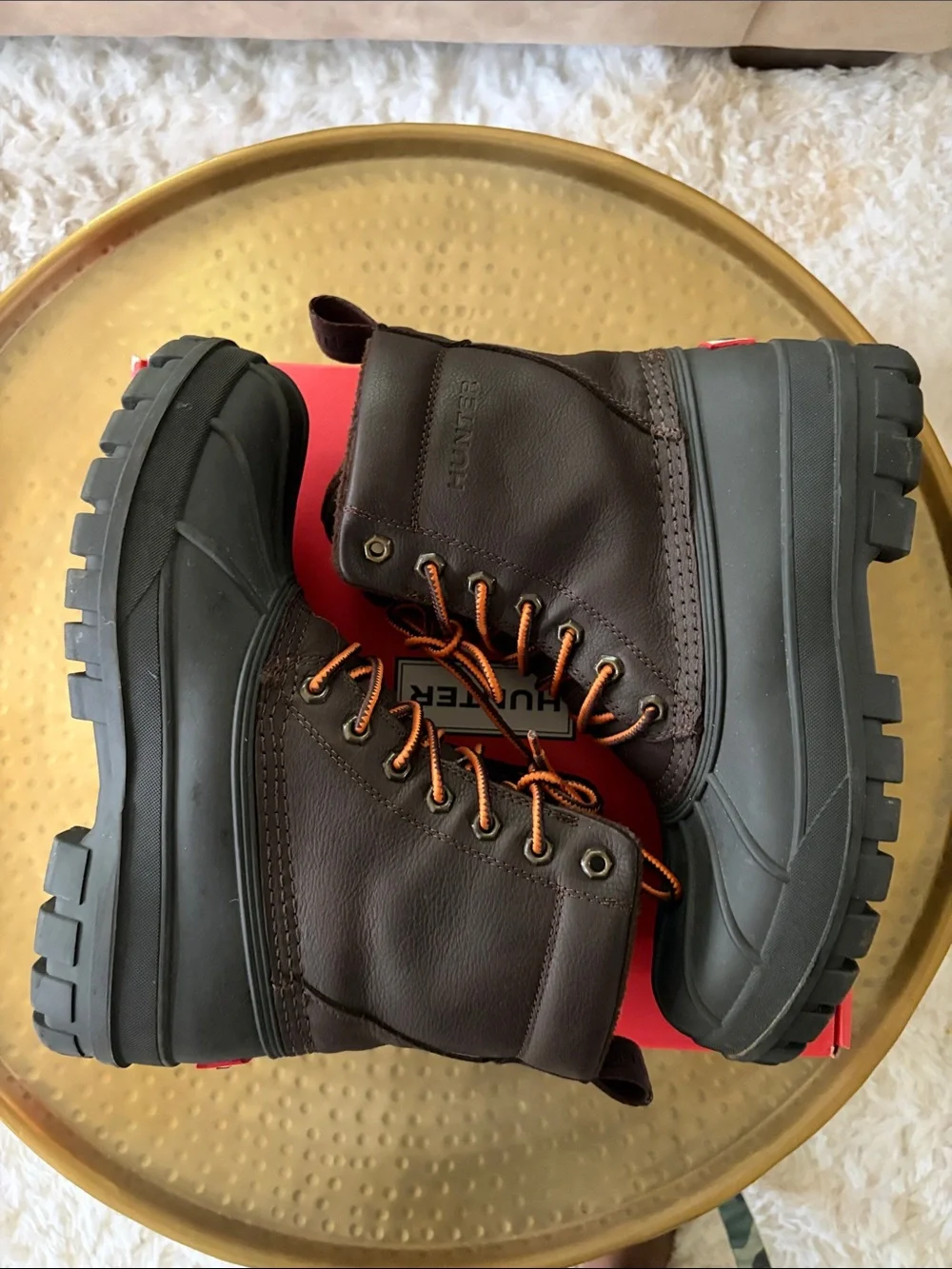 Hunter Dark Brown Waterproof Duck Boots with Orange Laces